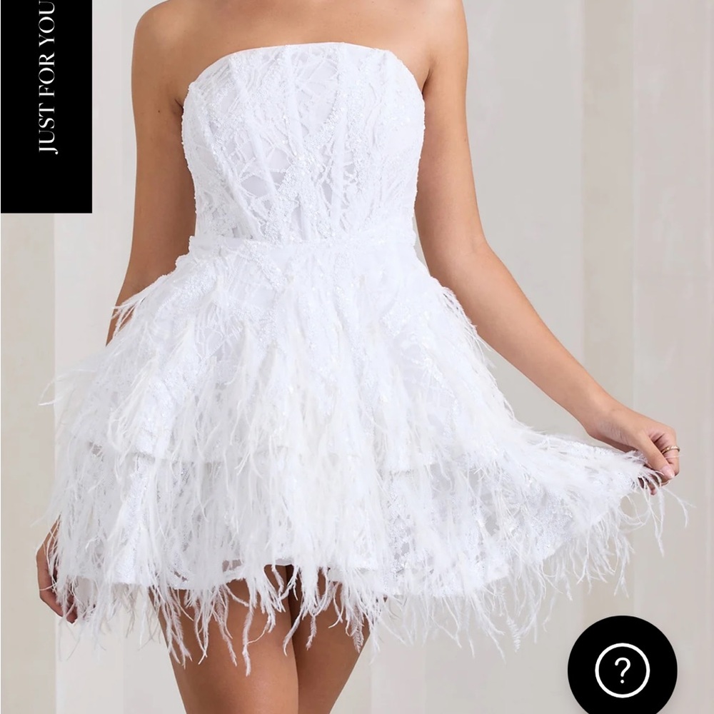 White Sequin Lace Mini Cupcake Dress with Feathers